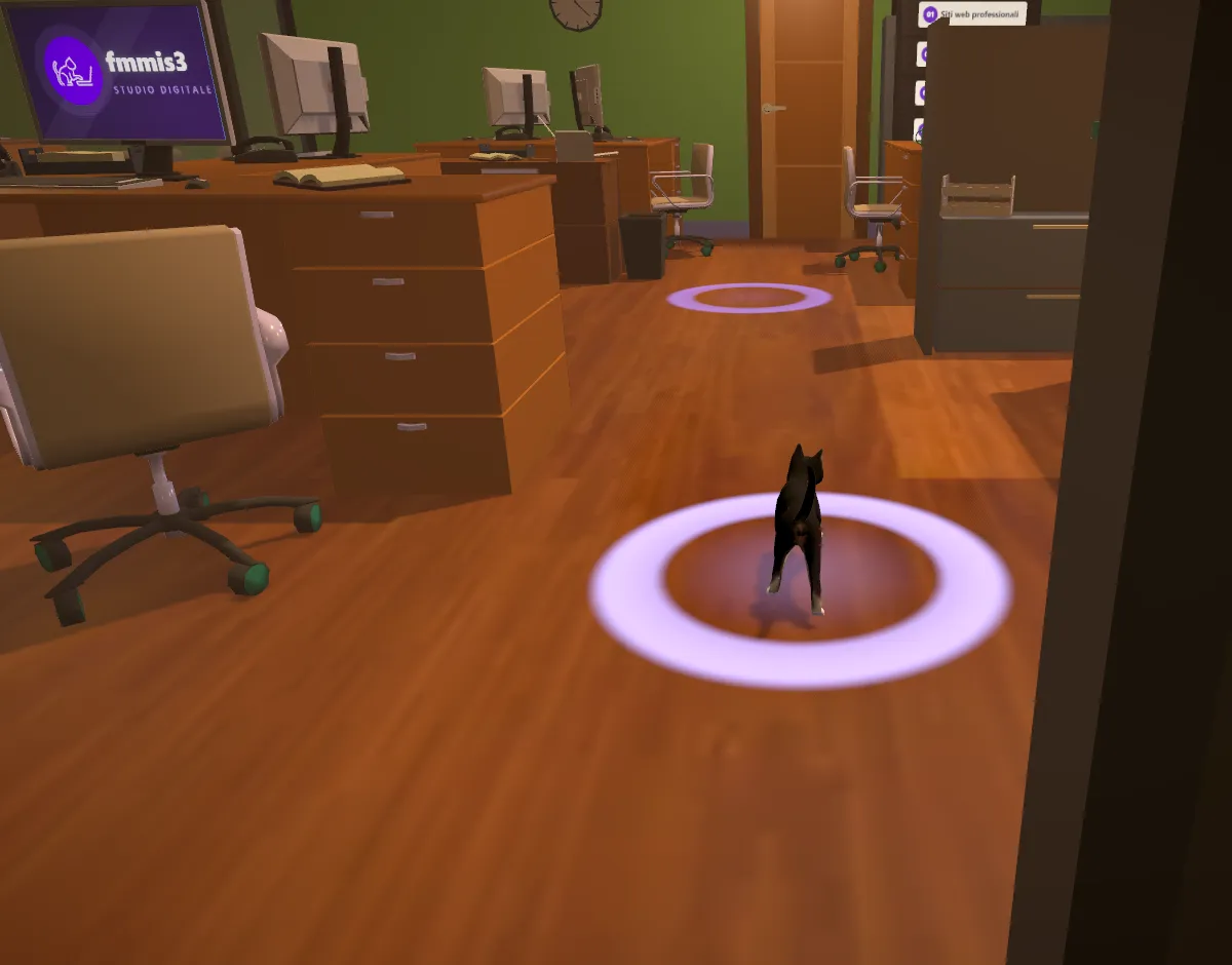 L'ufficio 3D di fmmis3: l'open space visto dalle vetrate, con il gatto che accompagna la visita